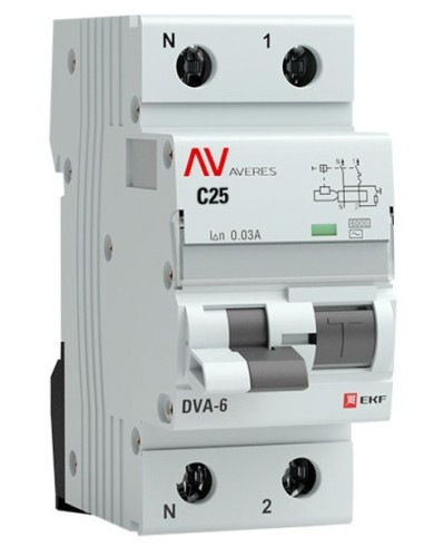 DVA-6 1P+N 25А (C) 30мА (AC) 6кА  AVERES (rcbo6-1pn-25C-30-ac-av). Автоматический выключатель дифференциального тока. EKF в Коломне