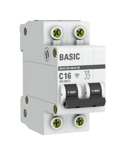 Автоматический выключатель 2P 16А (C) 4,5кА ВА 47-29 Basic (mcb4729-2-16C). Автоматический выключатель. EKF в Коломне