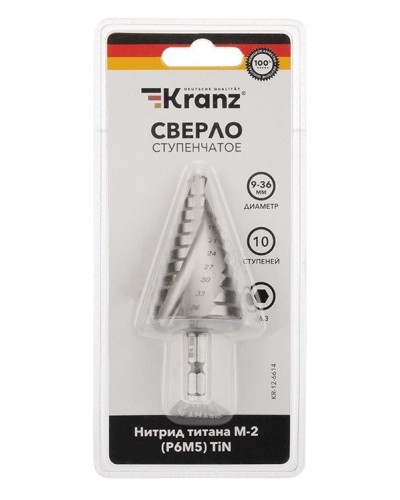 Сверло по металлу ступенчатое ТИТАН 9,0-36,0 мм 110 mm 65 HRC Р6М5 TiN Kranz (KR-12-6614): Сверло по металлу шлифованное в Коломне