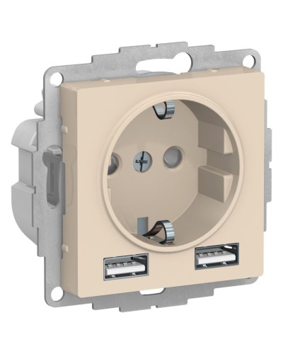 AtlasDesign розетка 1-местная с 2 USB A+A, скрытой установки, механизм, бежевый (ATN000230). Розетка с USB. Systeme Electric в Коломне